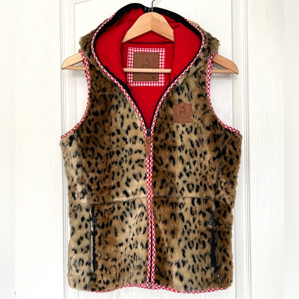 Faux Fur Leopard Print Hooded Vest in Brown with Red Trim